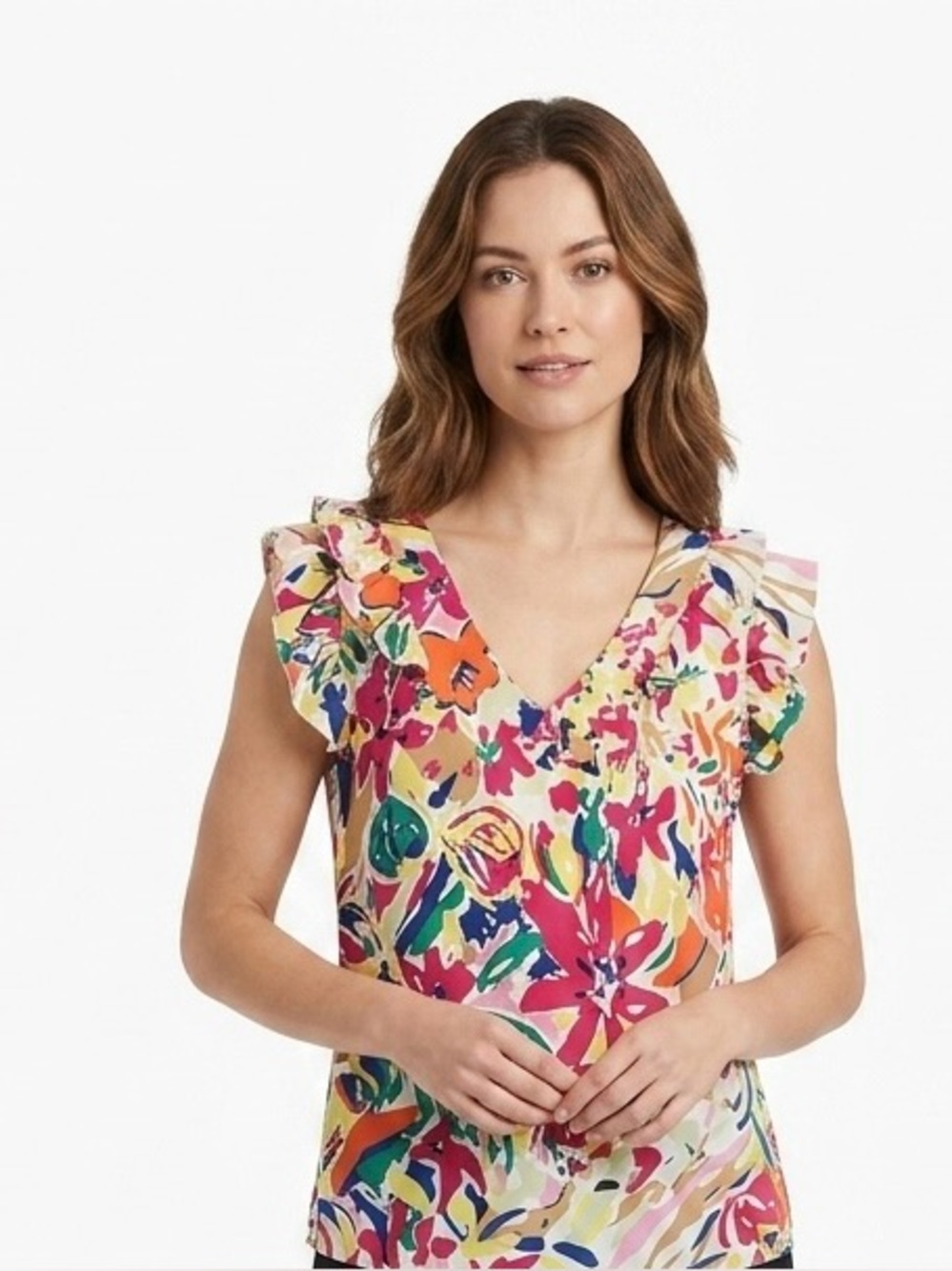 Emery Rose Tropical Floral Ruffle Sleeveless Shirt Size XL